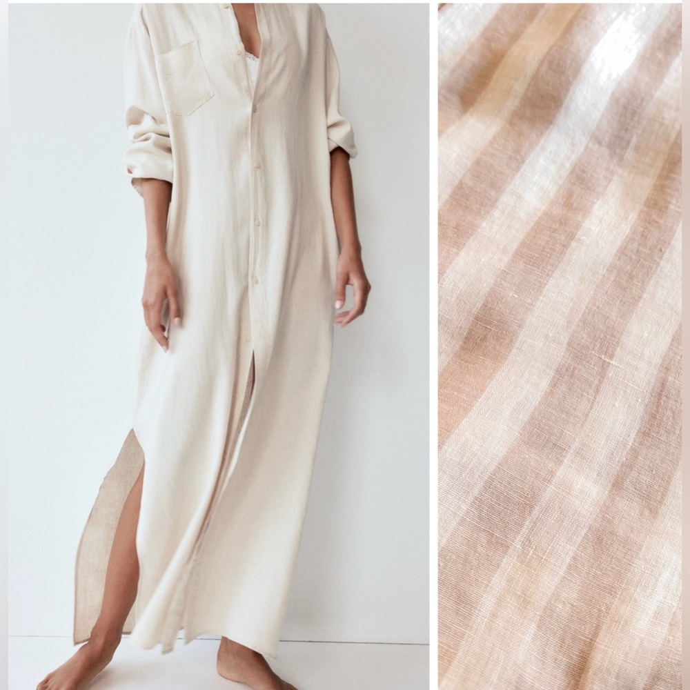 H&M Beige Striped Linen Shirtdress Maxi Dress Button Up Shirt Dress